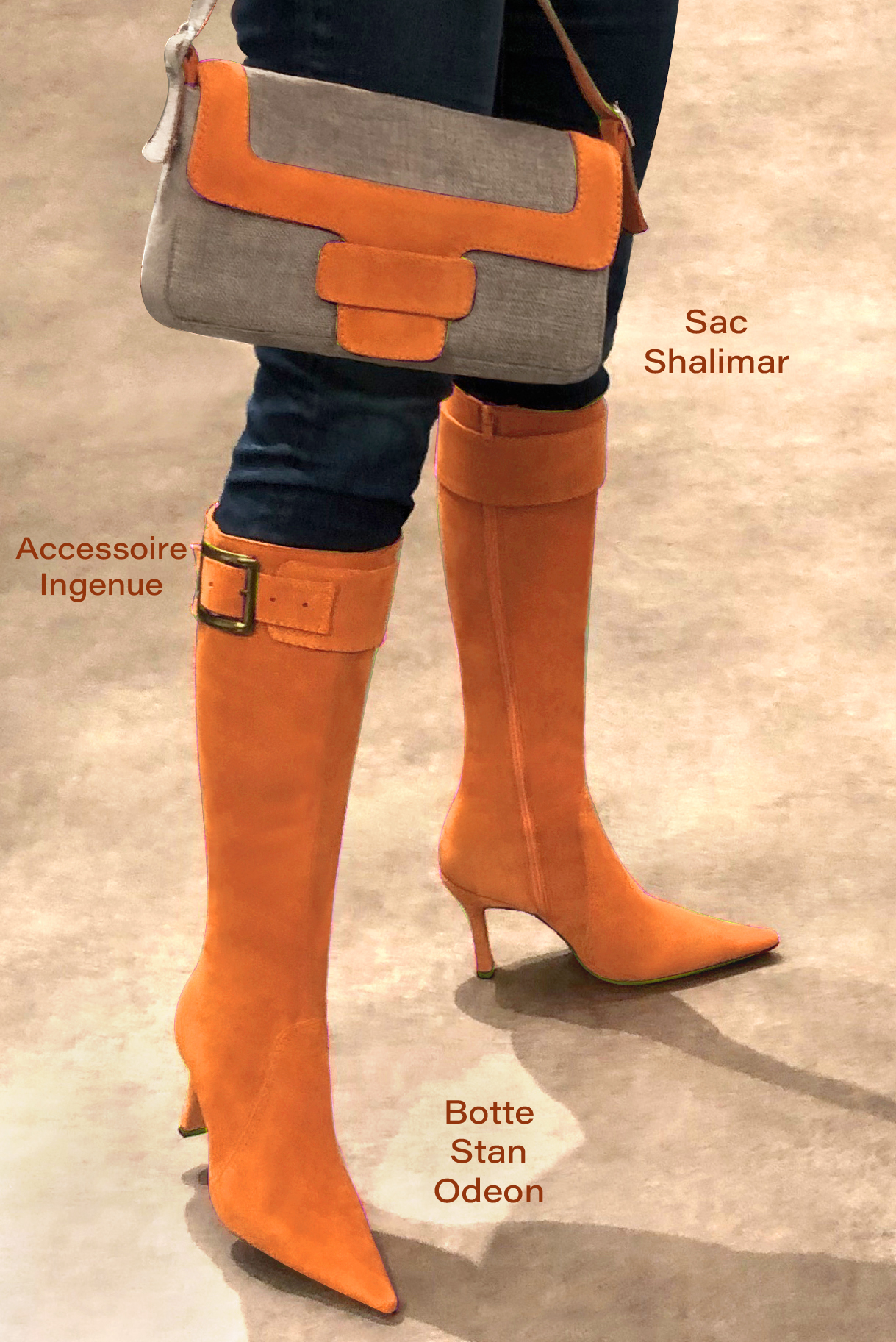 Apricot orange women's feminine knee-high boots. Pointed toe. Very high spool heels. Made to measure. Worn view - Florence KOOIJMAN